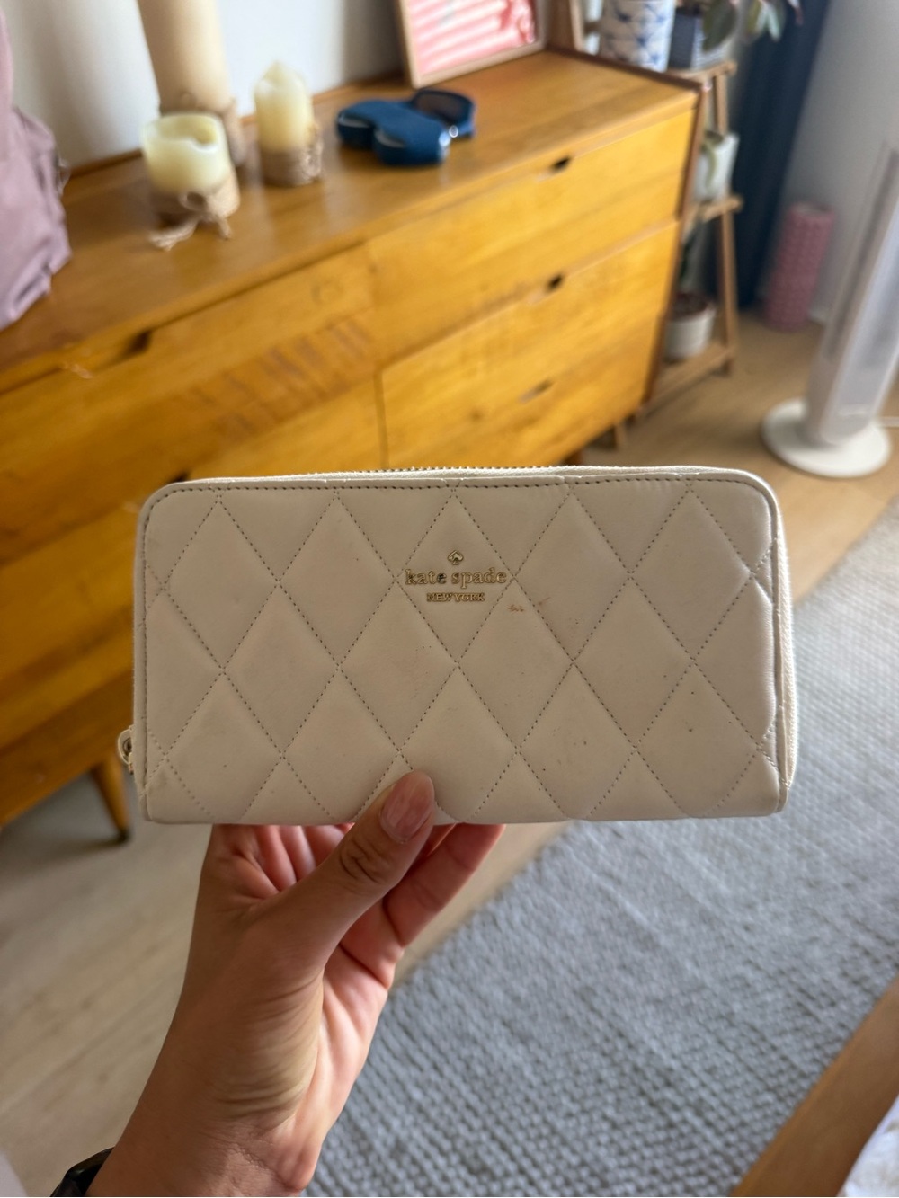 kate spade Quilted Cream Zip Around Wallet with Gold Logo